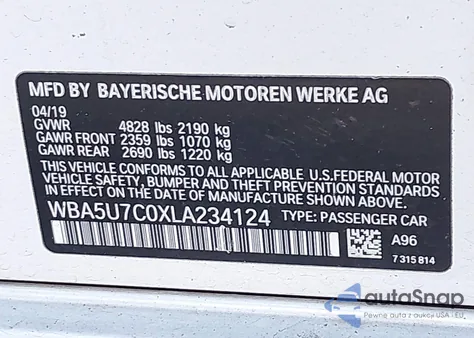 2020 BMW 3 Series M340I from USA, damaged, VIN WBA5U7C0XLA234124